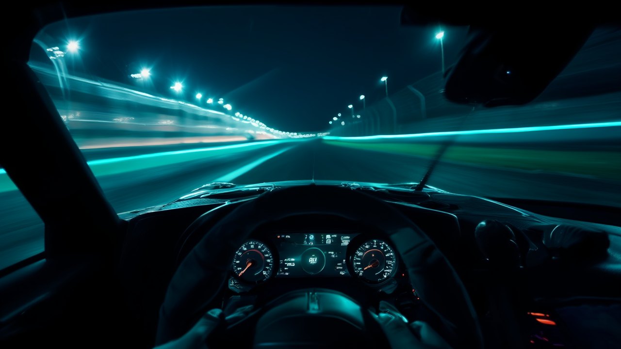 Nacht-Cockpit eines GT3-Rennwagens auf der Flutlicht-Geraden