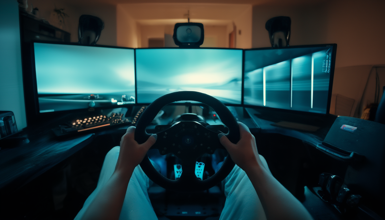 Sim-Racing-Cockpit mit Direct-Drive-Lenkrad und drei Monitoren in dunklem Raum mit cyanfarbenem Licht