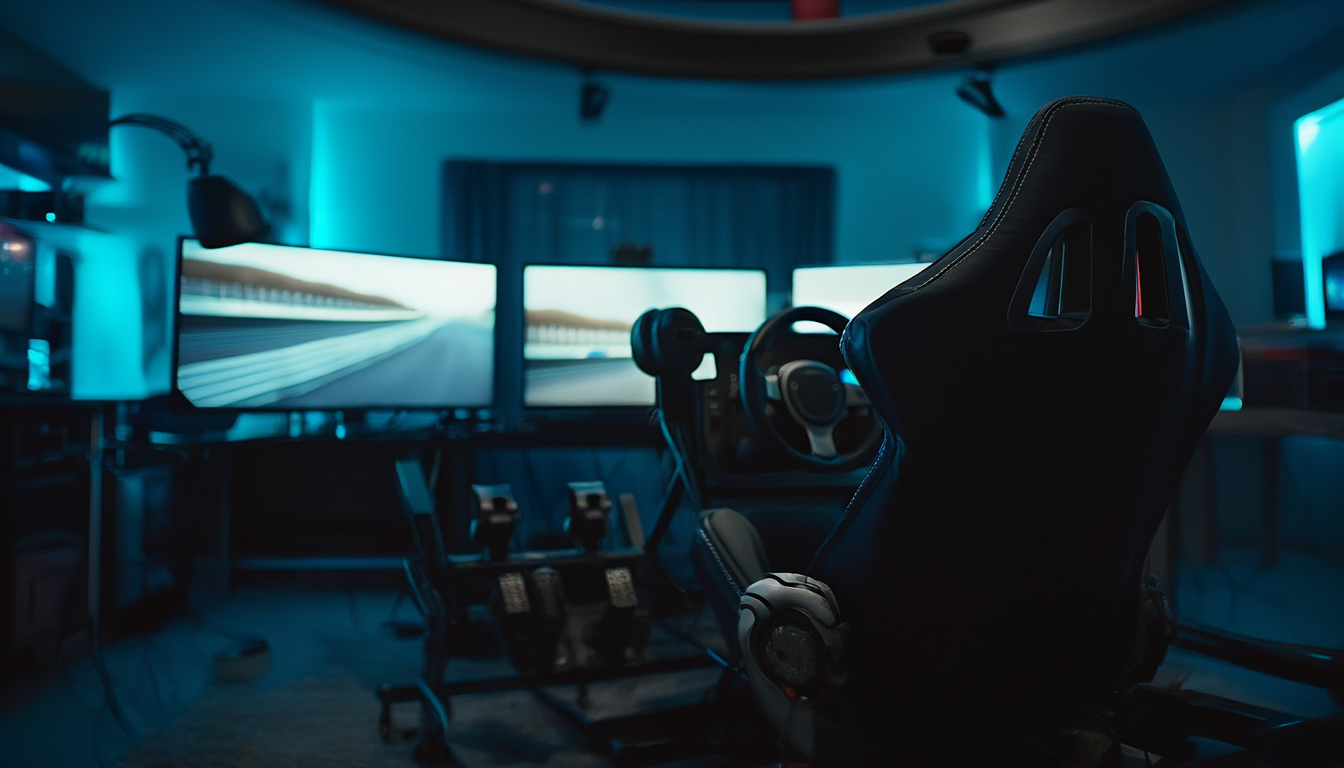 Sim-Racing-Cockpit mit Direct-Drive-Lenkrad und Pedalen im abgedunkelten Raum während einer abendlichen Race Night